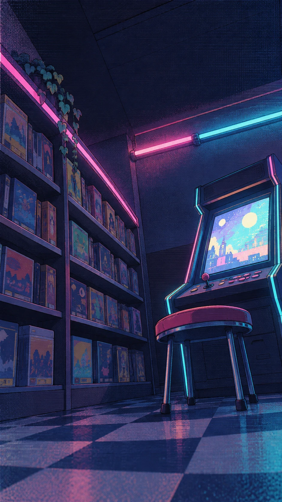薄暗いゲームセンターの一角。ネオンの灯る棚と、画面の光るアーケード筐体。